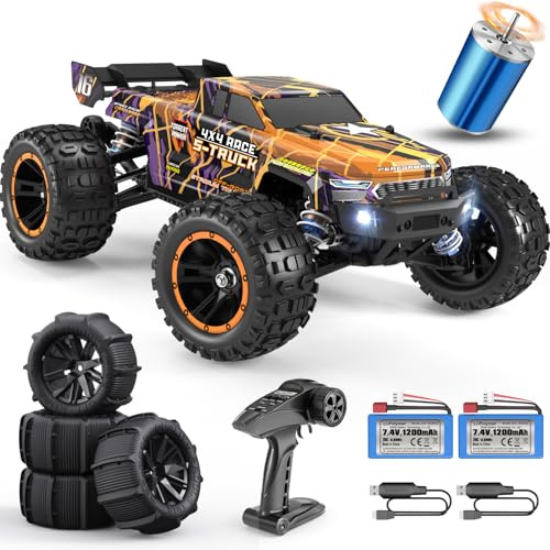 HAIBOXING RC Auto 1/16 Brushless 48 km/h 4WD Offroad Paddle Reifen Geschenk | ferngesteuertes Auto, 2840 Motor, 2.4 GHz, LED, öl-Stoßdämpfer, 2x 1200mAh, Paddle Reifen, Geschenk für Jungen, RTR