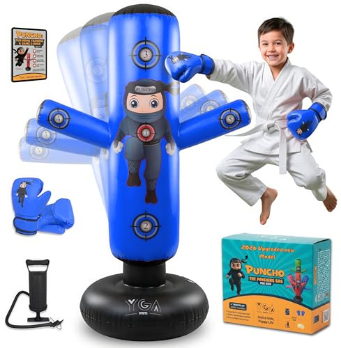 PUNCHO Punching Bag for Kids - 63 Kid Boxing Bag Set & Birthday Gift: Kids Punching Bags 3-8 with Gloves, Pump, PUNCHO eBook - Inflatable Punching Bag for Kid 8-12 with 5 Targets for Speed Boxing
