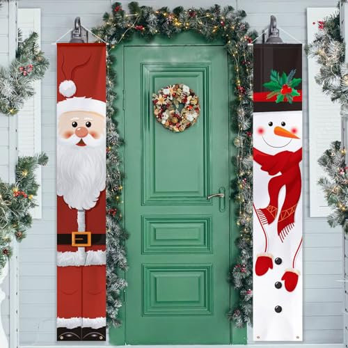 GEBETTER 2pz Striscione Banner Natalizio per Porta Natale, Decorazioni Porta Ingresso Natale, Fuori Porte Natalizio Segno del Portico Addobbi Casa Outdoor Corridoio (Babbo Natale+Pupazzo di Neve)