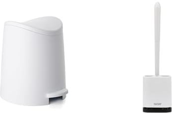 Tatay Set Papelera Baño con Pedal Estándar, 3L de Capacidad Color Blanco + Escobilla de Baño de Silicona con ventilación de Secada Rápido Cepillo Gris