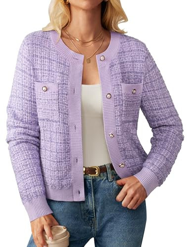GRACE KARIN Damen Strickjacke mit Knopfleiste, vorne offen, langärmelig, strukturiert, mit Taschen, Flieder, M
