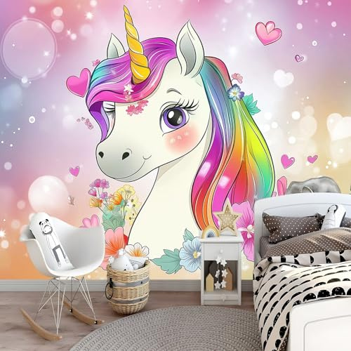 Süßes Cartoon-Einhorn Vlies Fototapete 300 x 210 cm, Wandgestaltung Wandbild, Bunt für Schlafzimmer Kinderzimmer, Fototapeten Wall 3D Effekt, Große Tapeten Wanddekoration
