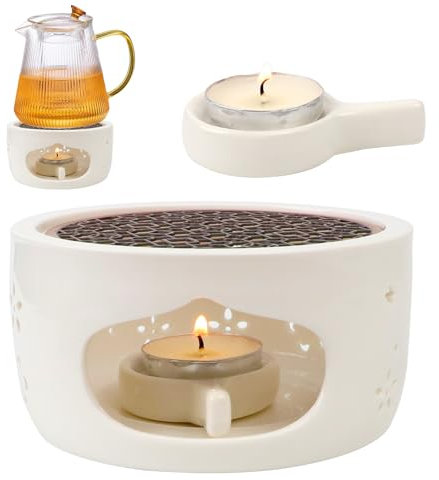 JOLIGAEA Scalda Teiera, Fornellino per Teiera Ceramica con Portacandela e Tappetino Termico Base, Scaldino per Teiera, Fornelli da Tè per Conservazione del Calore di Tè e Caffè (bianco)