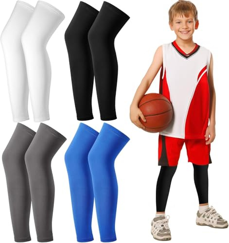 EOGRFW 4 pares de mangas de compresión para las piernas infantiles, mangas largas de compresión para las piernas, protección solar UV, para niños y niñas, baloncesto, fútbol, negro, blanco, azul, gris