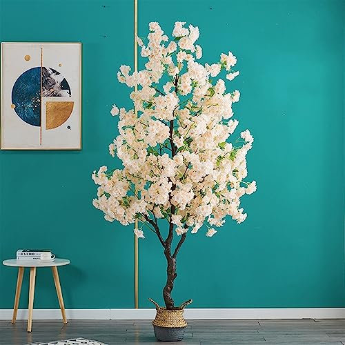 Arbre artificiel en caoutchouc avec cerisier japonais dans un pot en bambou - Grande plante artificielle pour intérieur et extérieur - Décoration de mariage - Fleurs vertes, blanches et roses