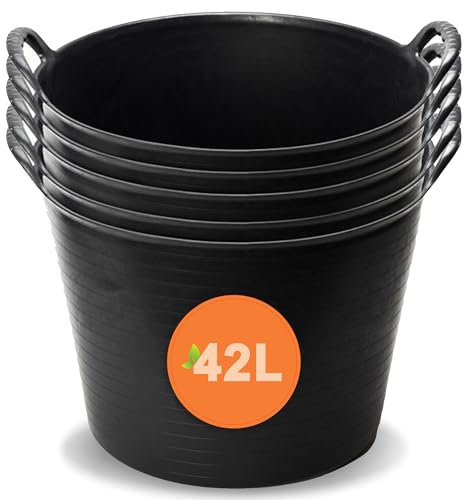 EarlyGrow 42L Flexi Tub with Handles - Pack of 5 - Large Plastic Storage Container for Garden Waste & Building Materials - Robust Stackable Bucket for Home, Car, Washing & DIY Projects