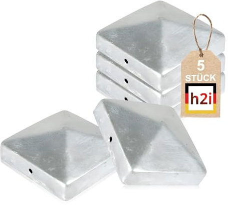 h2i Pfostenkappe | Stahl verzinkt | 101 x 101 mm | 5 Stück | Eckige Abdeckkappe für Garten Holzpfosten Pfostenträger & Zaunpfosten in Pyramidenform | Wetterschutz für Holz-Balken & Pfosten