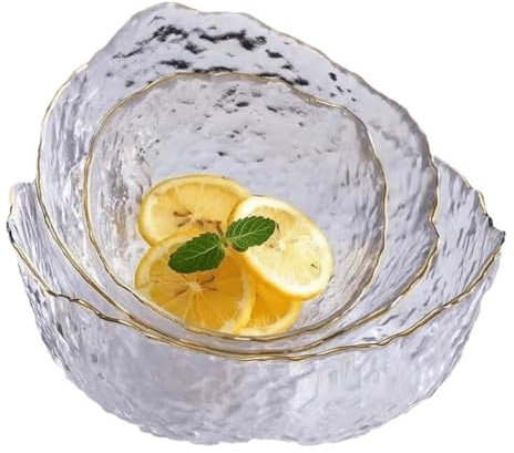 3-teiliges Kristallglas-Schüssel-Set, Rühr- und Servierschüssel für Obst, Salat, Dessert, unregelmäßige Form, klare Glasschale für Küche, Heimdekoration, Goldrand