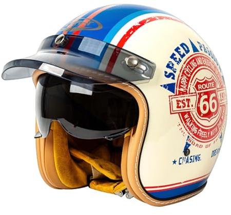 VVPEC Retro Motorrad Motorradhelm, Motorrad Jethelm 3/4 mit Visier, ECEDOT Zertifiziert für Herren und Damen - Ideal für Moped, Mofa, Scooter und Roller, Halbschalenhelm(5,XL=61~62cm)