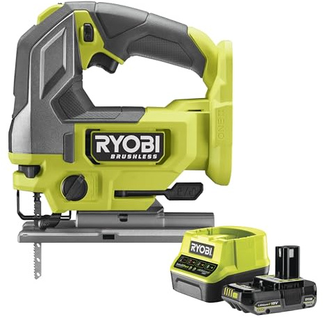 Ryobi - Scie sauteuse sans fils 18 volts ONE+, Brushless, mouvement pendulaire + 1 Batterie 2Ah et 1 Chargeur Rapide