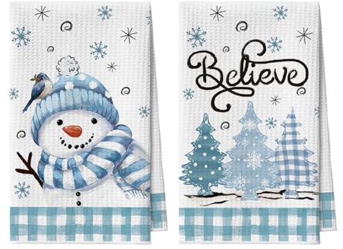 Artoid Mode Blau BüffelKaro Schal Schneemann Bäume Believe Weihnachten Küchentücher Geschirrtücher, 42x65 cm Mikrofaser Saugfähig Küchen Deko 2er Set