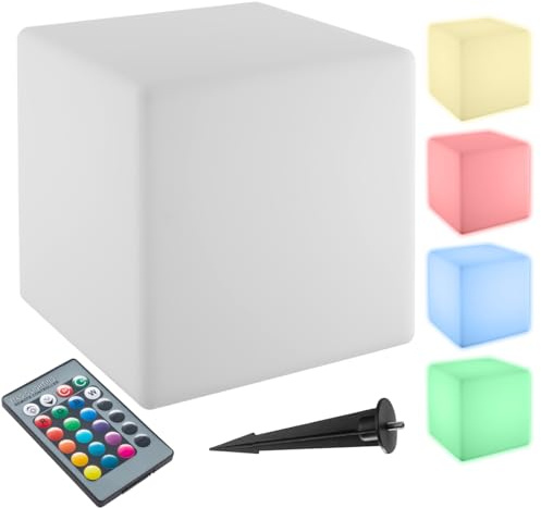 tectake® Cubo luminoso LED, Lampada da terra, luci da esterno e interno RGB 16 colori, telecomando, polietilene resistente, tavolino o pouf esterno luminoso, luci giardino decorative - S - 35x35x35 cm