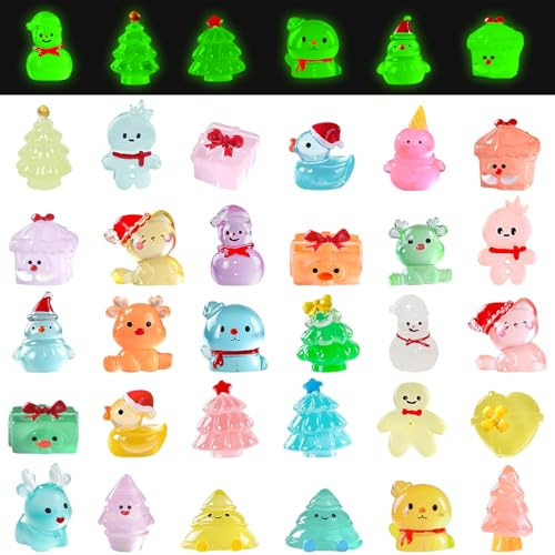 30 stycken julfigurer, små harts, minifigurer, juldekoration, minifigurer, med ljusfunktion i mörkret, för gör-det-själv-trädgård, mikrolandskap, bordsdekoration, presentförpackning