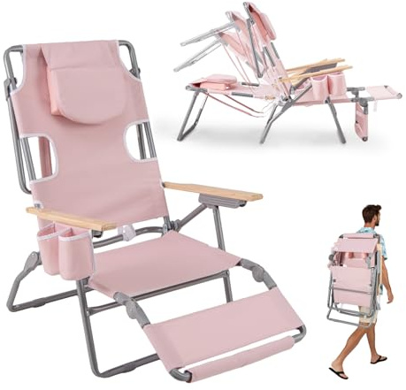 KOMFOTTEU Silla de Playa Reclinable con Agujero para Cara, Tumbona Plegable con Respaldo Ajustable de 4 Posiciones y Reposapiés de 2 Posiciones, Tumbona Jardín Exterior Baño de Sol (Rosa)