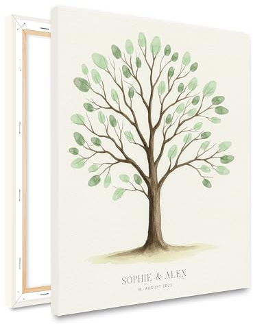 HEI Print Gästebuch Fingerabdruck Baum Aquarell-Stil | Personalisierte Leinwand zur Hochzeit | Fingerprint Tree im Vintage/Boho Look | Hochzeitsgeschenk mit Namen, ohne Farben, 30x40cm