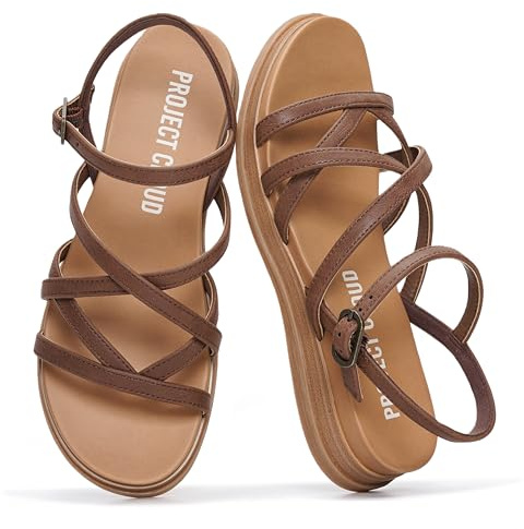 Project Cloud Wedge Sandals for Women 2026 - Comfortable Soft & Plush Insole Strappy Womens Sandals with Lightweight and Non-Slip Durable Outsole (NICE,WHISKEY,9)