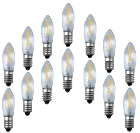 14 Stück LED Filament Topkerze 34V 0,2W Gewinde E10 für Schwibbogen mit 7 Brennstellen, Riffelkerze, Ersatzlampe für Weihnachten Lichterkette, Pyramide, Advent