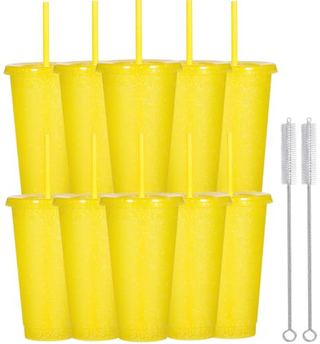 Yisituo 710ml Reusable Plastic Cups, 10 Pack Cold Cups with Lid and Straw, Tumblers Travel Mugs for Adults and Madam Party and Beach, Pool Gatherings (10, Glitter Yellow)