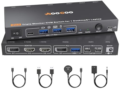 USB C DP KVM Switch 2 Computers 3 Monitors,4K/1080P@60Hz MST KVM Switch for 1 PC&1 Laptop Share 3 Monitor with 4 USB3.0 Devices,PD for Laptop, USB Cables and Power Adapter(4K USB C DP 2 in 3 Out KVM)