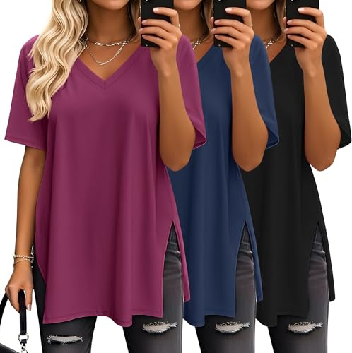Geyoga 3 Confezioni da Magliette Oversize da Donna T-Shirt Casual in Maglia con Scollo a V Maniche Corte Spacchi Laterali Top Larghi e Tuniche alla Moda