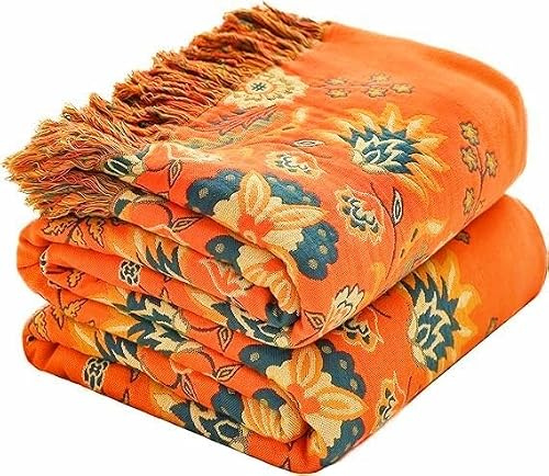 HOORDRY Musselin-Decke mit Fransen 100% Baumwolle | Doppelseitig Boho Tagesdecke Retro Einzelbettüberwurf,Sofadecke mit Blumenmuster Sesseldecke,Ganzjährig Nutzbar 130x150CM