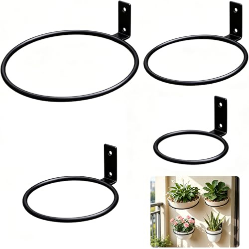 4 Stück Blumentopf Wandhalterung Set, Blumentopfhalter Wand Metall Pflanzen Wandhalterung Ring für Balkon Garten Innen, Wandmontage Pflanzenhalter Schwarz Eisen inkl. Schrauben (10/13/15/20 cm)