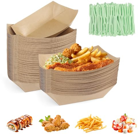 DUTIFUL 100 Stück Pommes Schalen Currywurst Schale Pommesschalen mit 200 Gabeln Fingerfood Schalen Pappschalen Kraftpapier Pappschüsseln für Pommes Frites Macarons Currywurst Salate