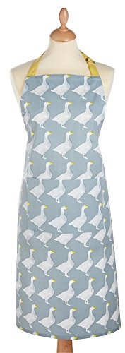 KitchenCraft Unisex Kochschürze, Küchenschürze mit verstellbaren Riemen, Schürze aus 100% Baumwolle, Latzschürze Lang mit Tasche, Grillschürze/Küchenschürze, Weiß/Blau, Gänse Motiv, Einheitsgröße