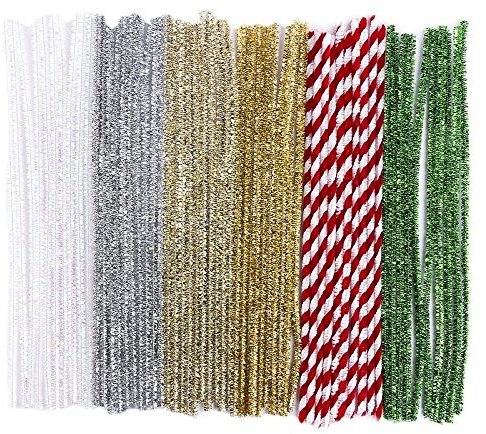 Ideen mit Herz 60 Pfeifenputzer/Pfeifenreiniger, Metallic, Plüsch & Glitzer, 30cm lang, Farben: weiß irisierend, silber, hellgold, gold, rot, grün | Basteln für Weihnachten, Zuckerstangen-Optik