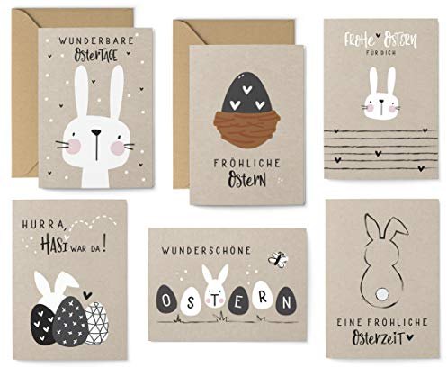 KuschelICH Osterkarten-Set 16 Teile - 8 Postkarten, 4 Klappkarten, 4 Kraftpapierumschläge - 6 unterschiedliche Motive je 2 Stück