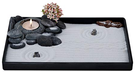 ICNBUYS Set di portacandele in ciottoli da giardino Zen fatto a mano con attrezzi da giardino Zen, sabbia, vassoio base e accessori gratuiti