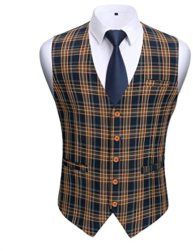 HISDERN Chalecos de Vestir para Hombre a Cuadros Chaleco Traje Hombre Naranja y Azul de Algodón Formal Elegantes de Boda Fiesta Con Bolsillos XL