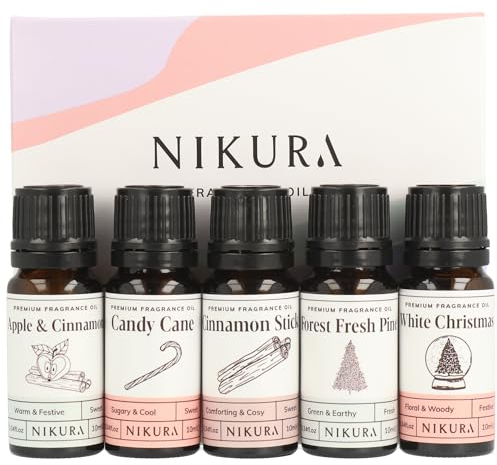Nikura Christmas Fragrance Oil Gift Set - 5 x 10ml | Perfect for Diffusers for Home, Soap & Candle Making, Wax Melts, Burners | for use in Bath Bombs, Perfume Scents | Vegan & UK Made Essential Oils