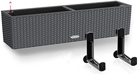 Lechuza Selbstbewässernder Topf BALCONERA Cottage 80 Granit Kunststoff Balkon Übertopf für Geländer Rattanoptik Pflanzgefäß H19 L80 B19cm Bundle mit schwarzen Balkonhalterungen