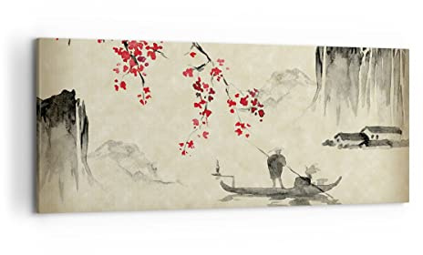 Lienzo Decorativo 120x50cm Moderno Panorámico Paisajes Personas - 5020 | Flor Guindas Japón Cuadro sobre Lienzo Grande Arte mural Decoración del Hogar Salón Dormitorio Oficina Cuadros de Pared