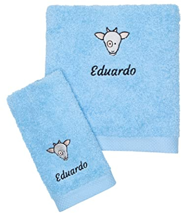 CARREDANA Toallas Bordadas Personalizadas con Animales (Personaliza Nombre,Tipo de Letra, Animal y Color).Toallas para guarderia-Regalo Personalizado (Toalla Azul Cielo)