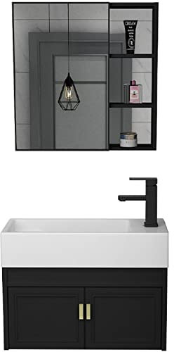Ksunun Arredo Bagno Completo,Mobile Bagno Sospeso,Pensile Bagno Con Specchio E Lavandino Bagno,Mobile Bagno Sottolavabo,Pensile Bagno Sospeso,Mobiletto Bagno Salvaspazio,Mobile Montato, (60 CM,Nero)