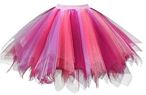 Girstunm Damen Tutu Tüllrock 50er Vintage Tüllrock Petticoat Mehrfarbig Bubble Tanzkleid Rock Unterrock Tütü Kurz Ballett Koralle Fuchsie Medium