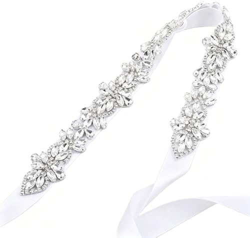 LEEMASING Strass-Kristallgürtel für Hochzeitskleid, Hochzeit, Party, Abschlussball, Schärpe mit Band für Damen, Abendkleid (Silber)