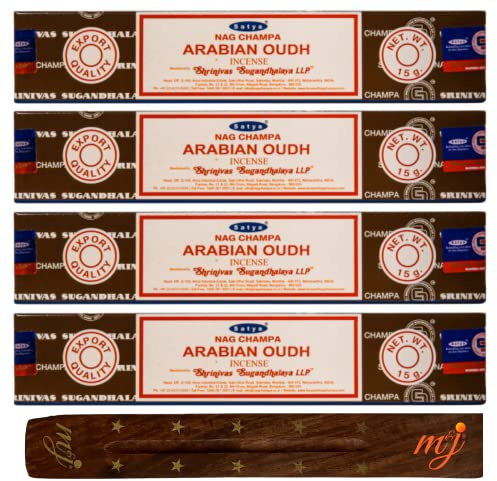 Original Satya Nag Champa Arabian Oodh Incense Sticks | with M&J incense sticks holder | x4 pack | for Aromatherapy, Spa, Yoga, Weddings, Meditation, Healing, Positivity and Relaxation