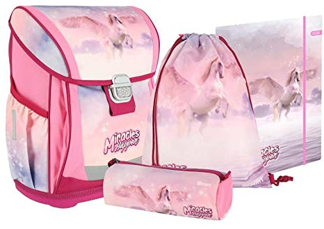 Grundschul Ranzen Set - Schulranzen Set 4 teilig für Mädchen mit Schlampermäppchen Zeichenmappe Turnbeutel (PEGASUS' Pferd mit Flügeln)