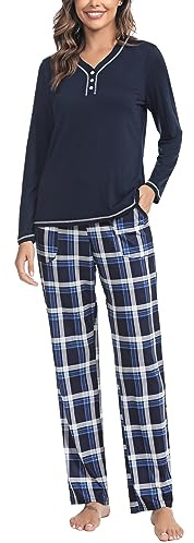 Uniexcosm Pyjama Femme Coton Long Ensembles de Femme Hiver Carreaux Col Ronde Manches Longues Pyjama pour Femme avec Poches Latérales