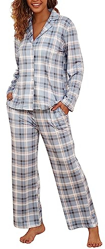 Famulily Frauen Langarm Pyjama Set Plaid Loungewear Sets Button Up Top und Wide Leg Hosen S-XXL