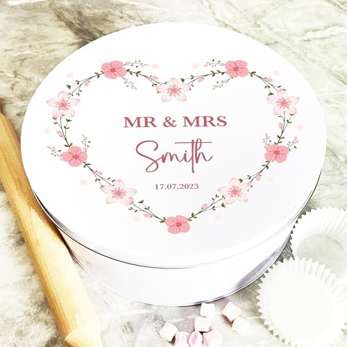 Round Pink Flower Heart Wreath Mr & Mrs Wedding Day Personalised Cake Tin Personalised Gift | Custom Gift | Personalized Tin | Cake, Biscuit & Treat Tins | Gift For Her | Gift For Him