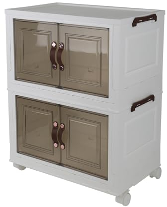 kyaoayo Foldable Storage Box, Storage Box with Lid and Door, Large Stackable Boxes, Organiser Boxes with Wheels, Sturdy and Durable, Transparent Plastic Box for Bathroom/Kitchen/Camping (2)