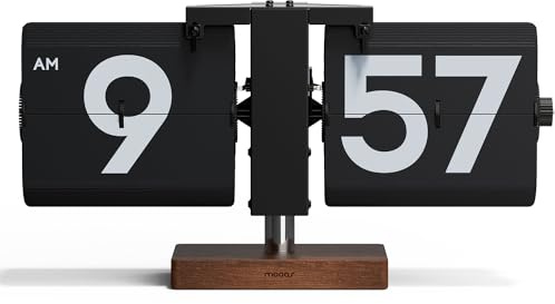 mooas Classic Modern Wood Big Flip Desk Clock (Black), Retro Vintage Analog Design Auto Flip Clock Table Clock Large Number Battery Powered, Ideal for Home Office School Hotel Café