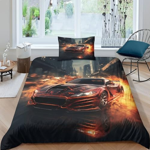CRJUS Speed Sport Auto Betten Set Für Kinder Erwachsene Mädchen Bettbezug Set Racing Autos Bettwäsche Set Für Schlafzimmer, Weiche Bequemer Single（135x200cm）