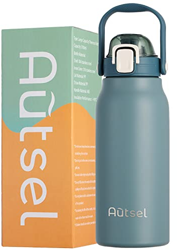 Autsel Bouteille Isotherme 1.7L Gourde Inox Isotherme avec Paille Gourde Sport Étanche Gourde Musculation avec Poignée, pour Le Sport, La Randonnée, La Maison, en Plein Air