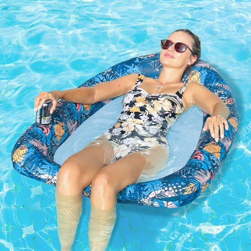 FindUWill Inflatable Pool Floats Adults, Large Fabric-Covered Pool Lounger Chair Raft with Mesh Center, Multi Purpose Pool Floaties Water Hammock Lounge, Ultra-Comfort Water Lake River Floating Raft