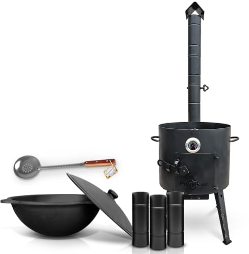Utschak Feuerofen mit abnehmbarem Ofenrohr Gusseisen Topf runder Boden mit Deckel (12 L) KazanoFF, Учаг, Kazan Outdoor, Feuerschale, Camping, Kasan, Gulaschkanone Dutch Oven (Set 12R - 4)